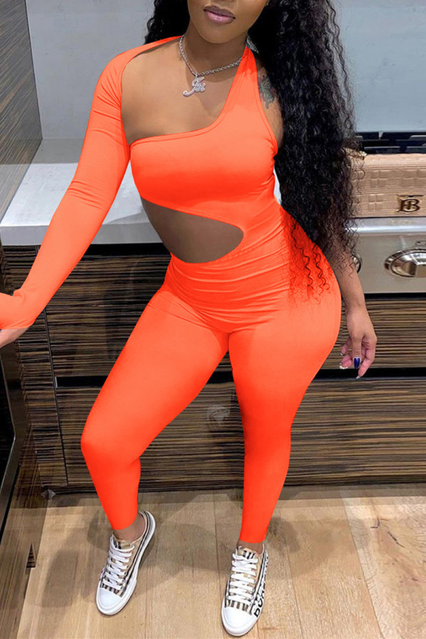 Oranje mode Sexy effen uitgeholde skinny jumpsuits met één schouder
