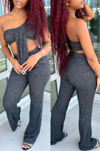 Black Fashion Sexy Solid Backless One Shoulder Sleeveless Two Pieces