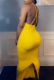 Vestido sin mangas con correa de espagueti sin espalda sólida sexy de moda amarilla