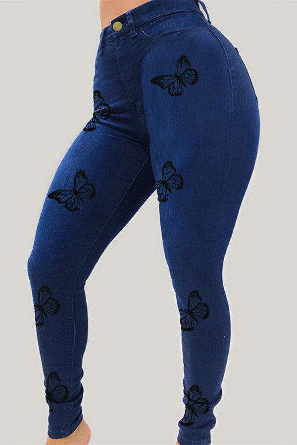 Donkerblauwe mode casual vlinderprint basic plus size jeans
