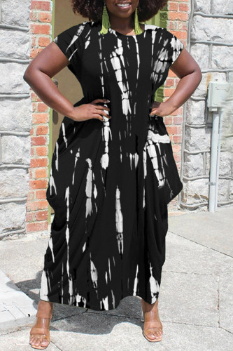 Zwarte mode plus size print asymmetrische O-hals jurk met korte mouwen