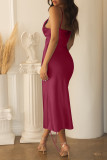 Rose Red Fashion Sexy Solid Backless Spaghetti Strap Sleeveless Dress