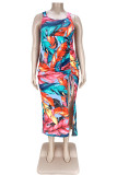 Multicolor Mode Sexy Plus Size Print Slit U-hals Vest Jurk