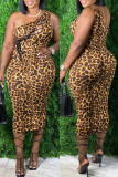 Leopardtryck Mode Sexig Plus Size Print Bandage Urhålad One Shoulder Ärmlös klänning