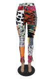 Paarse mode casual print patchwork normale hoge taille broek