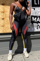 Black Sexy Sportswear Patchwork Backless Spaghetti Strap Skinny Jumpsuits
