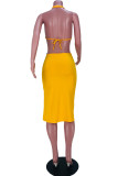 Желтое модное сексуальное однотонное платье без рукавов с открытой спиной и лямкой на шее