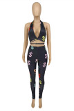 Black Fashion Sexy Print Bandage Backless Halter Sleeveless Two Pieces