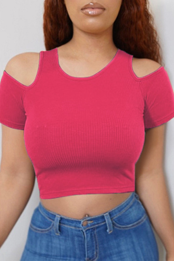 Camisetas con cuello en O de patchwork sólido casual rojo rosa