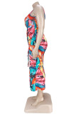Multicolor Fashion Sexy Plus Size Print Schlitz U-Ausschnitt Weste Kleid