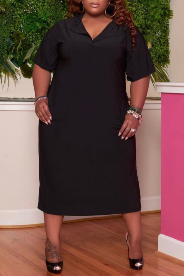 ブラックファッションカジュアルプラスサイズソリッドリップドフード付きカラー半袖ドレス