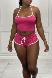 Rose Red Sexy Sportswear Solid Backless Halter Sleeveless Two Pieces