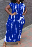 Blauwe mode plus size print asymmetrische O-hals jurk met korte mouwen