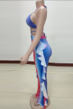 Conjunto de três peças com design sexy moda azul sem costas alça sem manga