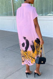 ピンク ファッション カジュアル プリント 非対称 ターンダウン カラー シャツ ドレス