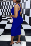 Diepblauwe mode sexy effen uitgeholde mouwloze jurk met één schouder