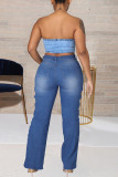Medium blauwe mode casual effen bandage spleet grote maat jeans