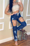 Blue Fashion Casual Solid Ripped Hollowed Out Chains High Waist Regular Jeans