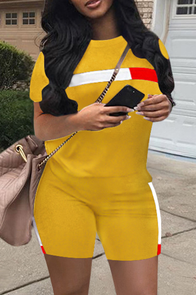 

Yellow Fashion Casual Patchwork Basic O Neck Short Sleeve Two Pieces