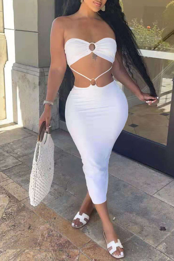 Vestido sin mangas sin tirantes sin espalda con parches lisos sexy de moda blanca Vestidos