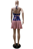 Blue Red Fashion Sexy Print Backless Strap Design Halter Sleeveless Two Pieces
