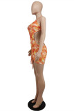 オレンジ色のファッションセクシーなプリントバックレスVネックスリングドレス