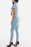 Baby Blue Fashion Casual Solid Zipper Umlegekragen Regular Jumpsuits