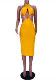 Yellow Fashion Sexy Solid Backless Halter Sleeveless Dress