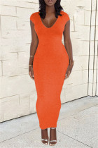 Orange, sexy, lässiges, festes, rückenfreies, kurzärmliges Kleid mit V-Ausschnitt und Schlitz