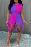 Фиолетовый модный повседневный пэчворк с кисточками и круглым вырезом с коротким рукавом из двух частей