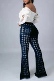 Light Blue Fashion Casual Solid Hollowed Out High Waist Regular Jeans