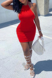 Rode mode sexy effen rugloze O-hals mouwloze jurk