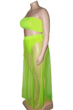 Verde fluorescente Moda Sexy Parches lisos Sin espalda Sin tirantes Tallas grandes Dos piezas