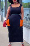 ブラックファッションカジュアルプラスサイズパッチワークポケットスクエアカラーベストドレス