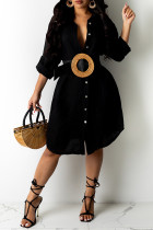 ブラック ファッション カジュアル ソリッド ベルトなし ターンダウン カラー シャツ ドレス