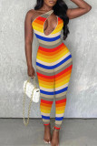 Colour Fashion Sexy Striped Print Hollowed Out One Shoulder Skinny Jumpsuits