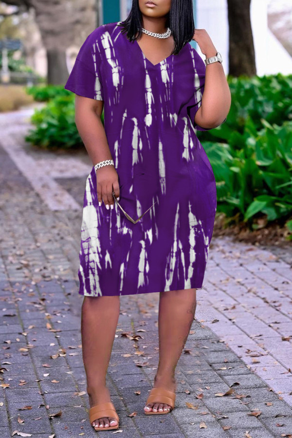 Фиолетовое модное повседневное платье больших размеров с принтом, базовое платье с v-образным вырезом и короткими рукавами