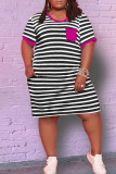 Red Fashion Casual Plus Size Striped Print Patchwork O Neck Short Sleeve Dress