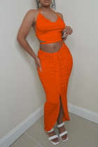 Orange Fashion Sexy Solid Bandage Hollowed Out Asymmetrical Halter Sleeveless Two Pieces