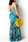 Blauer Mode-reizvoller Druck ausgehöhltes rückenfreies Halfter-Riemen-Kleid
