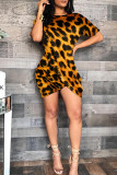 Vestido de manga corta con cuello en O asimétrico con estampado casual de moda con estampado de leopardo