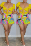 Yellow Fashion Casual Print Basic Regular High Waist Shorts
