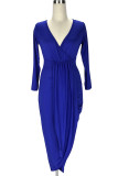 Koningsblauw Sexy effen patchwork vouw asymmetrische V-hals onregelmatige jurk Jurken