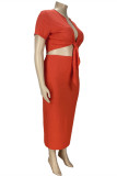 Tangerine Red Fashion Casual Solid Bandage V-hals Plus Size Two Pieces