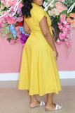 Желтое модное повседневное однотонное платье с отложным воротником и короткими рукавами