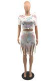 White Fashion Casual Print Tassel O Neck Short Sleeve Two Pieces
