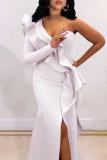 レッド ファッション セクシー ソリッド パッチワーク スリット ワンショルダー イブニングドレス ドレス