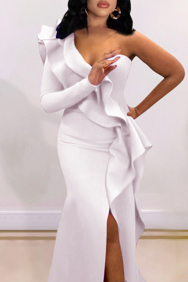 Witte mode sexy effen patchwork spleet een schouder avondjurk jurken
