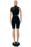 Black Fashion Sexy Solid Hollowed Out See-through O Neck Short Sleeve Two Pieces