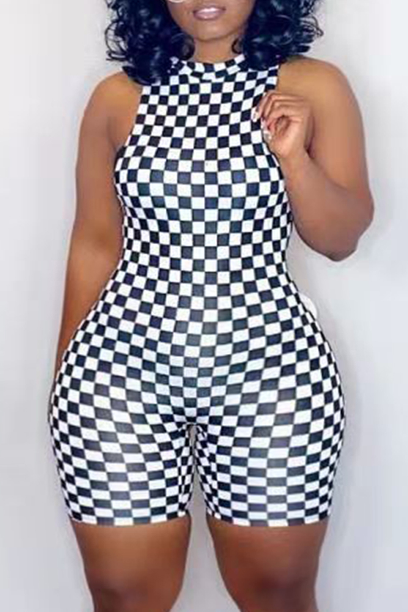 

Black White Fashion Casual Plaid Print Basic O Neck Plus Size Romper